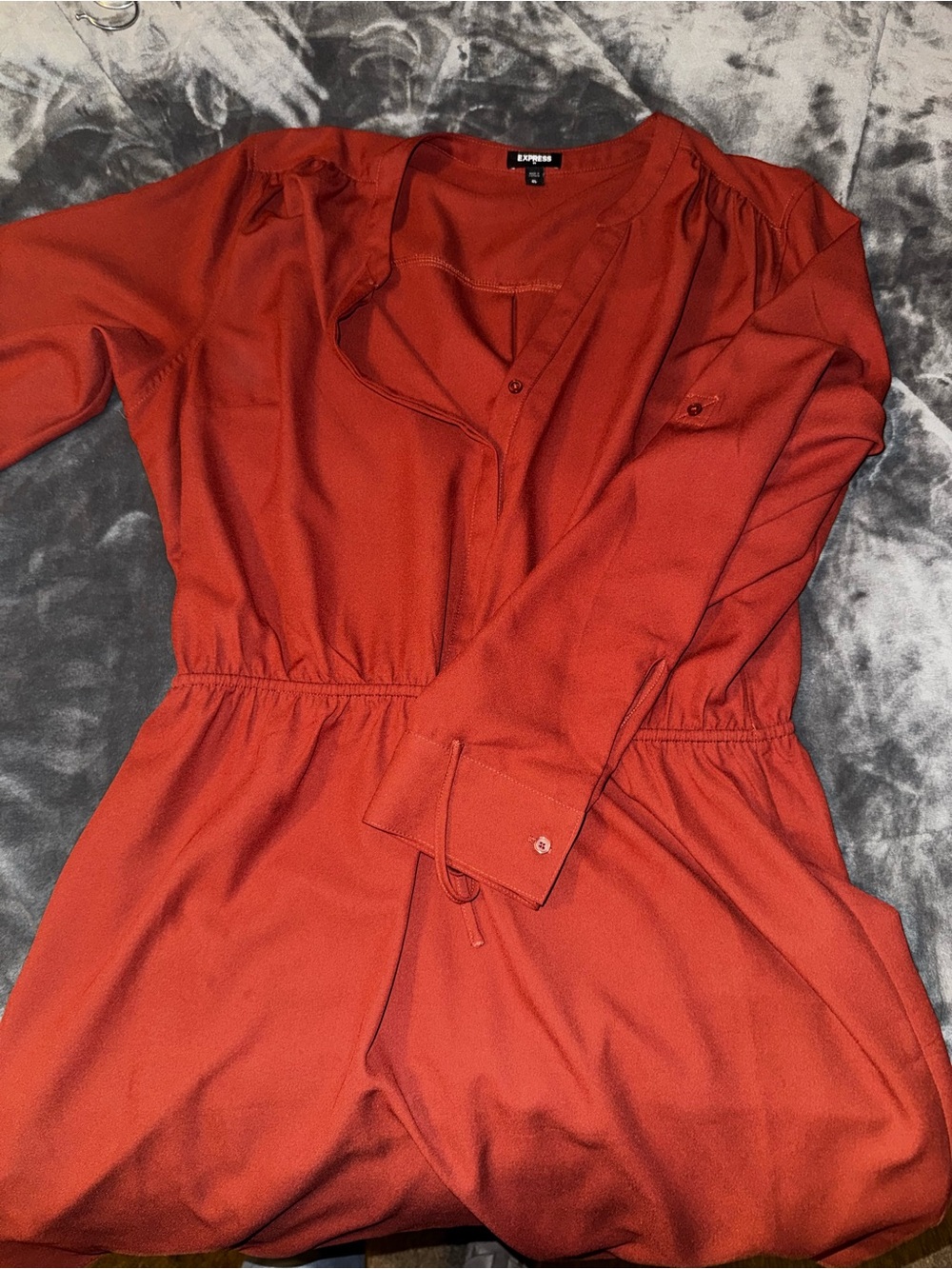 Express Women's Rust-Red Long Sleeve Elastic-Waist Shirt Dress